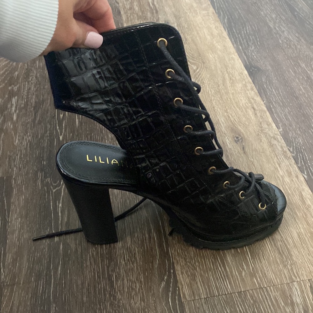 Liliana lace up open toe faux patent leather booties